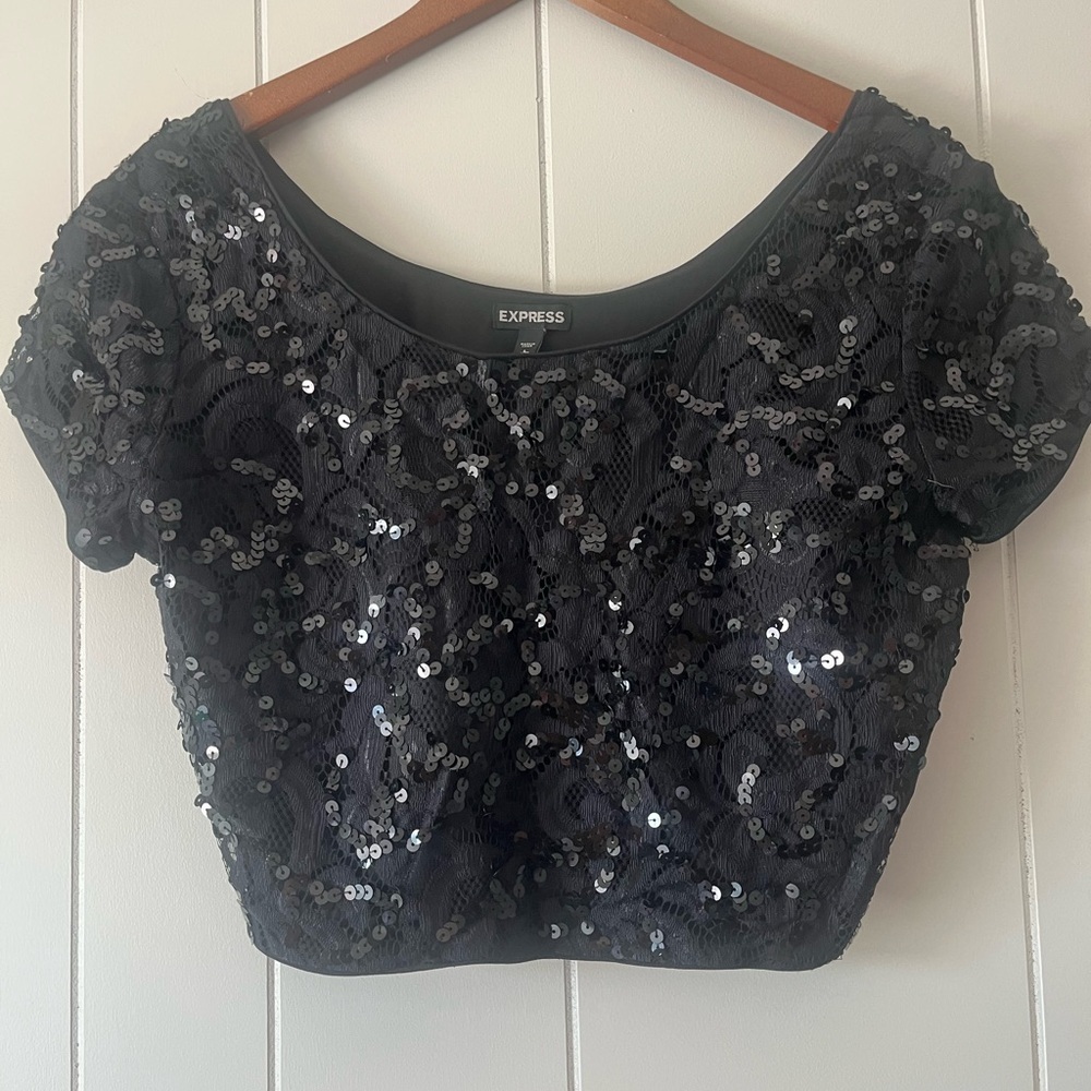 Express Black Sequin Crop Top - Picture 3 of 7